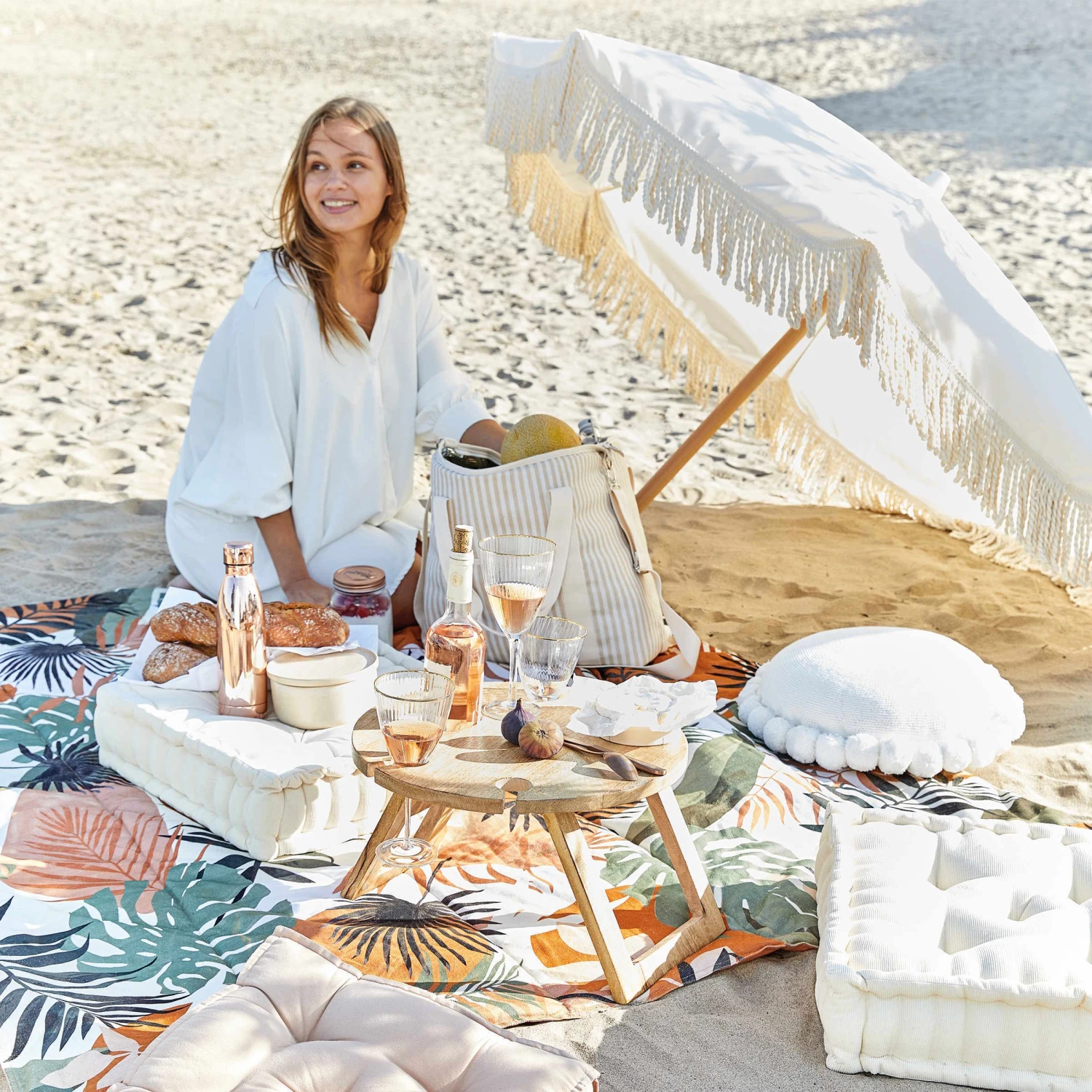 Strandschirm Mit Fransen Ø180cm BOHO LOUNGE In Creme 2 Strandschirm Mit Fransen Ø180cm BOHO LOUNGE In Creme – Bild 2